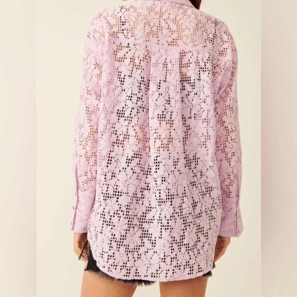 FREE PEOPLE in your dreams lace button down lavender XL oversized lace bohemian